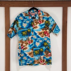 Vintage RJC Hawaiian Blue Tropical Hawaii Floral Ukulele Button Down Shirt L